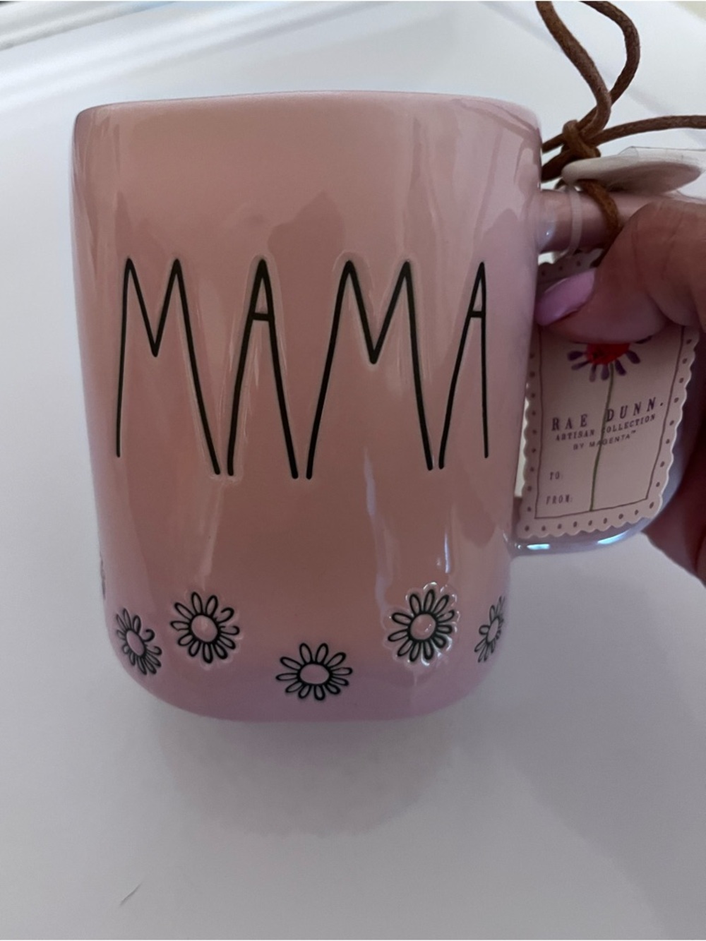 Rae Dunn Pink MAMA Ceramic Mug with Daisy Trim
